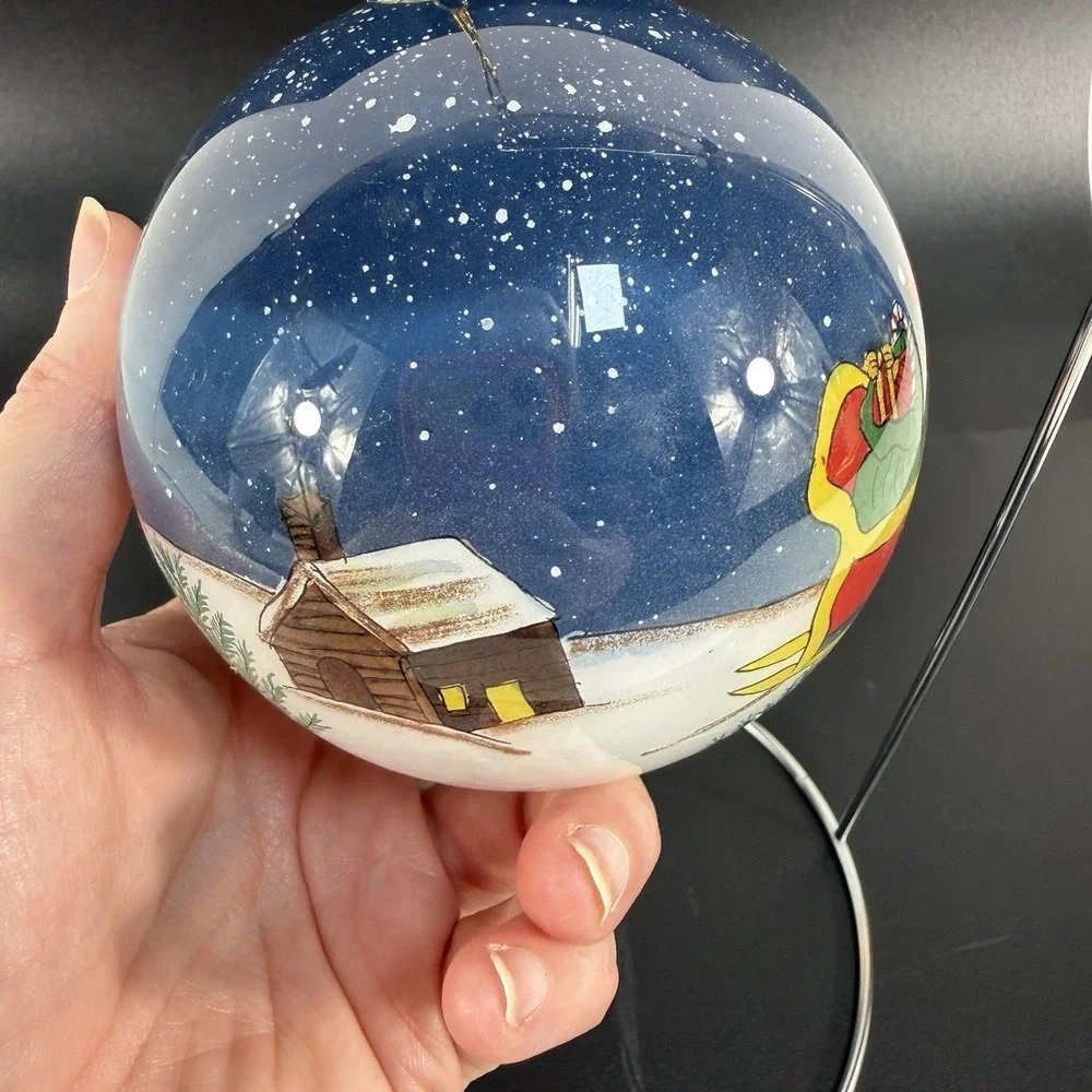 Pier 1 Li Bien 1999 Christmas Ornament Ball Santa Sleigh Hand Painted Cabin